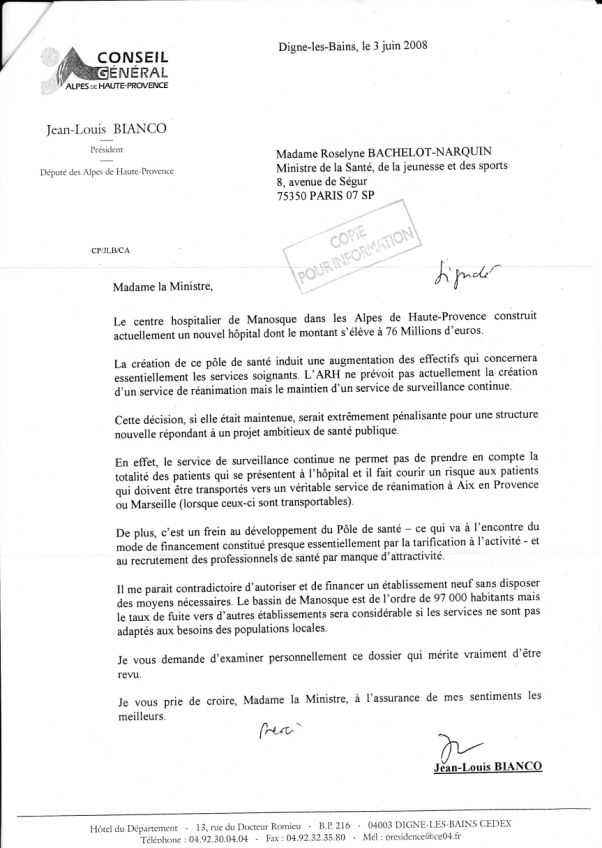 Lettre de Jean-Louis Bianco à La ministre de la santé Rosselyne Bachelot